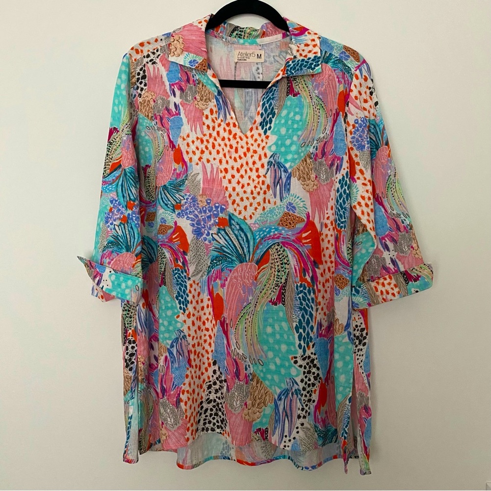 Atelier 5 by Gozde Yimaz Split Neck Longline Tunic Top Linen Modal Size M